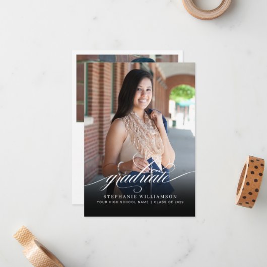 Budget Elegant Overlay Script Photo Afstuderen Notitiekaartje (Voorkant / Achterkant in situ)