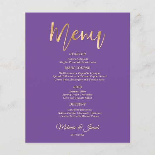 Budget Elegant Paars Scripting Gold Menu Kaart (Voorkant)