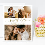 Budget Elegant Photo Collage Save the Date Flyer<br><div class="desc">De begroting is elegant modern goud en wit manuscript 3 fotocollage bruiloft sparen de datum aankondiging gepersonaliseerd betaalbare low budget flyer. De grafische minimalistische sjabloon van het ontwerp kenmerkt drie (3) koppel fotocollage en elegante krommende hand die typografische manuscript "sparen de tekst van de Datum"in goud op witte achtergrondkleur. ***GELIEVE...</div>