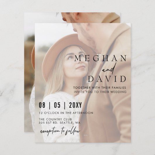 Budget Elegant Photo Overlay Wedding Uitnodiging (Voorkant / Achterkant)