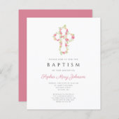 Budget Elegant Pink Floral Cross Baptisme Invite (Voorkant / Achterkant)
