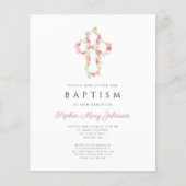 Budget Elegant Pink Floral Cross Baptisme Invite (Voorkant)