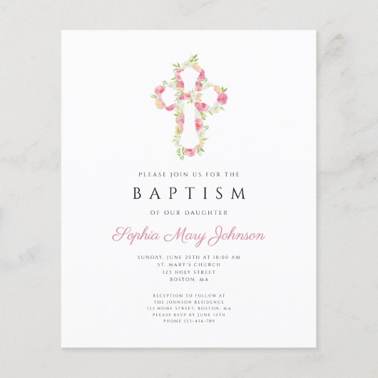 Budget Elegant Pink Floral Cross Baptisme Invite (Voorkant)