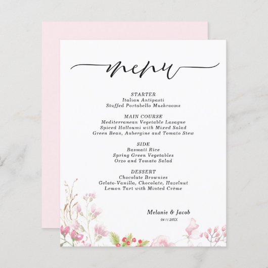 Budget Elegant Pink Floral Flat Menu Card (Voorkant / Achterkant)