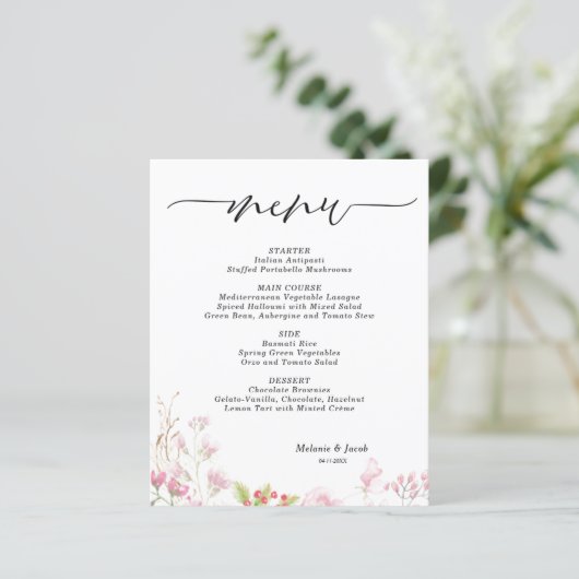 Budget Elegant Pink Floral Flat Menu Card (Staand voorkant)