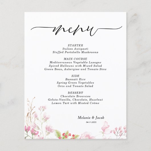 Budget Elegant Pink Floral Flat Menu Card (Voorkant)