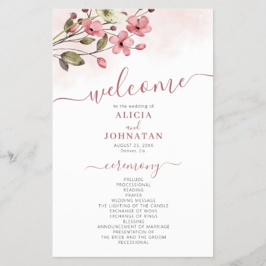 Budget elegant pink floral wedding program flyer (Voorkant)