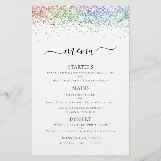 Budget Elegant Rainbow Glitter Wedding Menu (Voorkant)