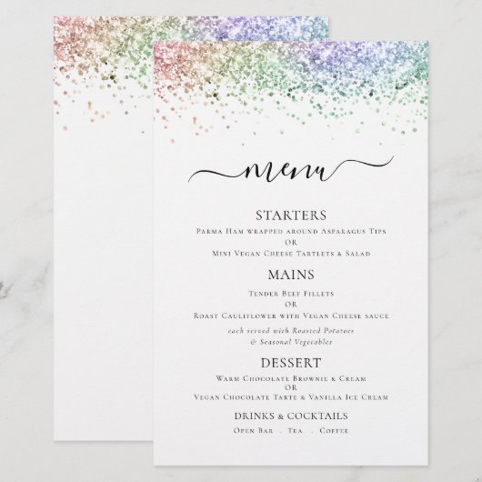 Budget Elegant Rainbow Glitter Wedding Menu (Voorkant / Achterkant)