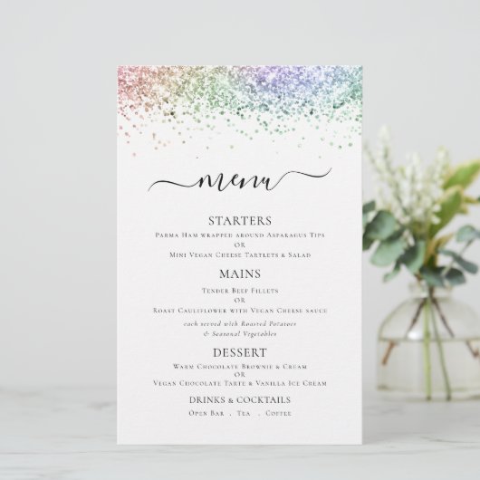 Budget Elegant Rainbow Glitter Wedding Menu (Staand voorkant)