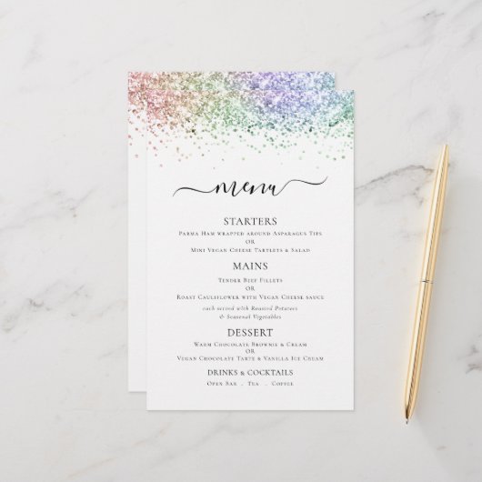 Budget Elegant Rainbow Glitter Wedding Menu (Voorkant / Achterkant in situ)
