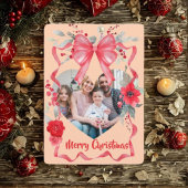 Budget Elegant Red Bow Christmas Four Photo Feestdagenkaart