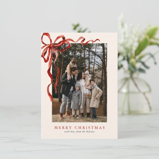 Budget Elegant Red Bow Christmas One Photo Feestdagenkaart (Staand voorkant)