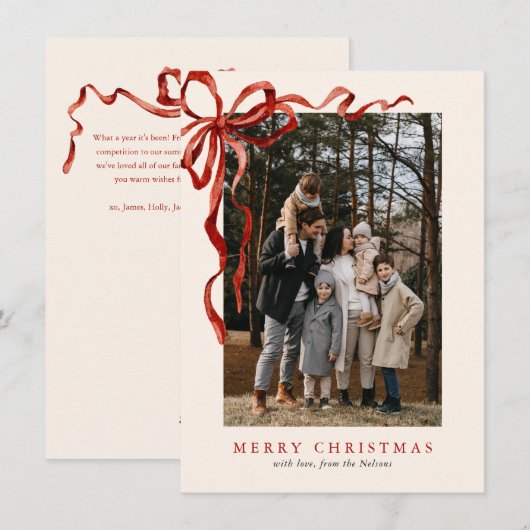 Budget Elegant Red Bow Christmas One Photo Feestdagenkaart (Voorkant / Achterkant)