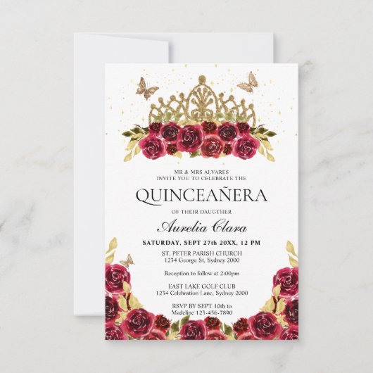 BUDGET Elegant rood bloemig goud tiara quinceanera Notitiekaartje (Voorkant)