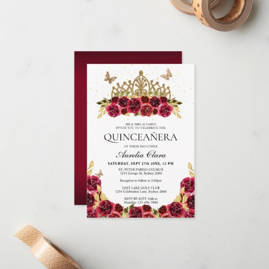 BUDGET Elegant rood bloemig goud tiara quinceanera Notitiekaartje (Voorkant / Achterkant in situ)