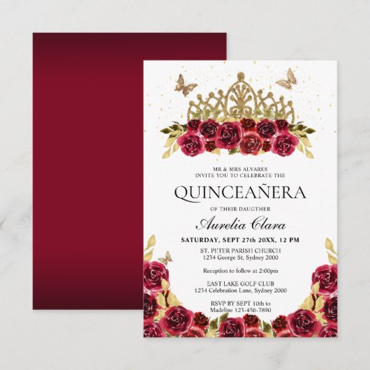 BUDGET Elegant rood bloemig goud tiara quinceanera Notitiekaartje (Voorkant / Achterkant)