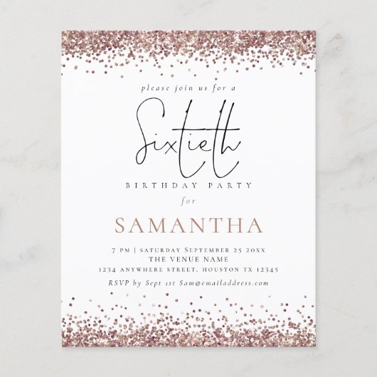 Budget Elegant Roos Gold Glitter 60th Party Invite (Voorkant)