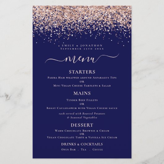 Budget Elegant Roos Gold Glitter Navy Wedding Menu (Voorkant)