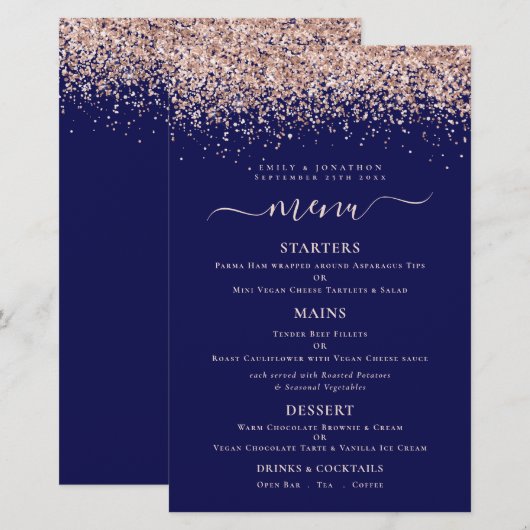 Budget Elegant Roos Gold Glitter Navy Wedding Menu (Voorkant / Achterkant)