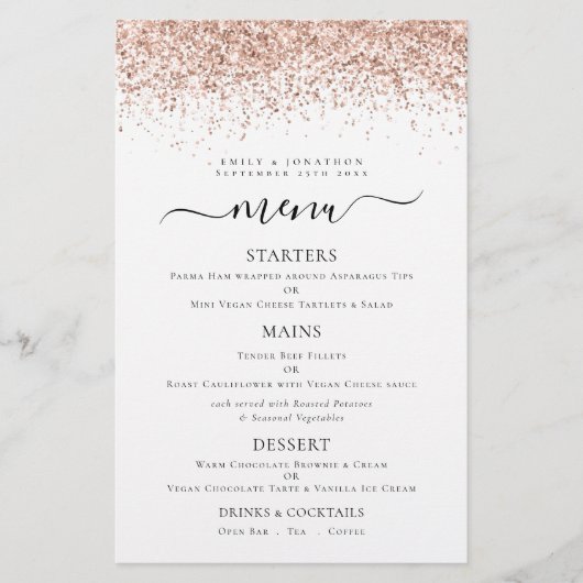Budget Elegant Roos Gold Glitter WeddenMenu (Voorkant)