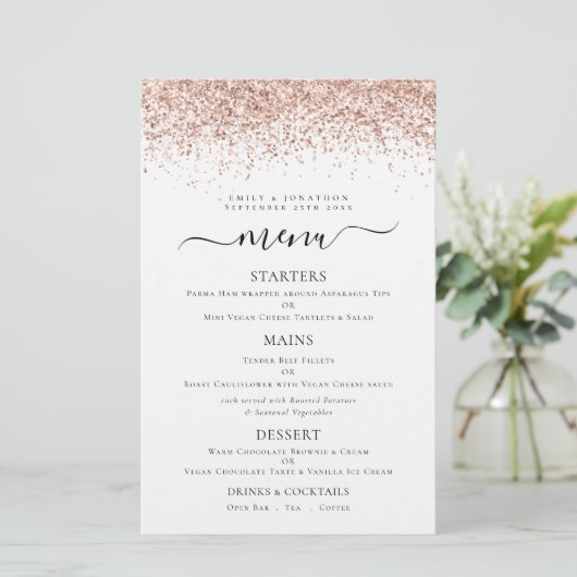 Budget Elegant Roos Gold Glitter WeddenMenu (Staand voorkant)