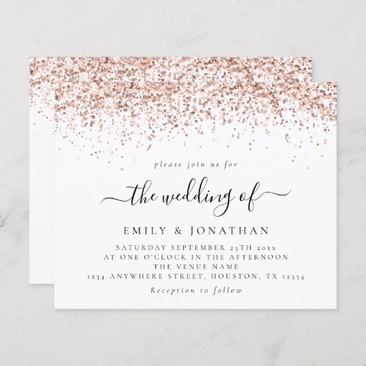 Budget Elegant Roos Gold Glitter Wedding Invite (Voorkant / Achterkant)