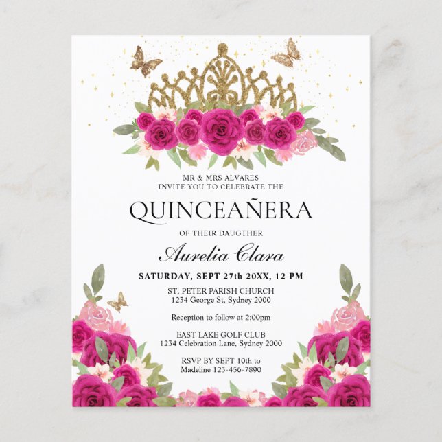 BUDGET Elegant Roze Bloemen Goud Tiara Quinceanera (Voorkant)