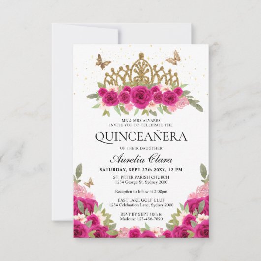 BUDGET Elegant Roze Bloemen Goud Tiara Quinceanera Notitiekaartje (Voorkant)