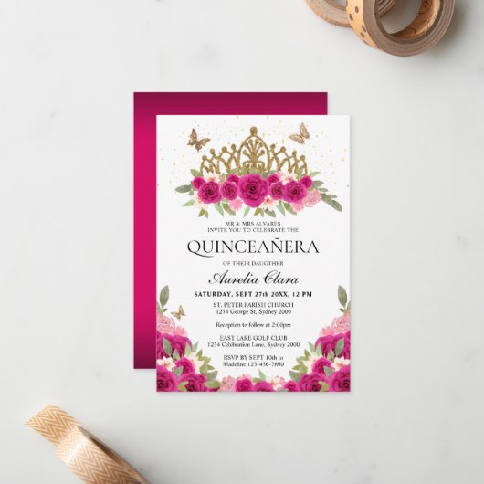 BUDGET Elegant Roze Bloemen Goud Tiara Quinceanera Notitiekaartje (Voorkant / Achterkant in situ)
