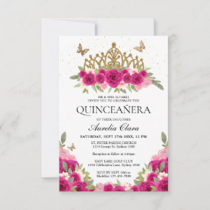 BUDGET Elegant Roze Bloemen Goud Tiara Quinceanera Notitiekaartje