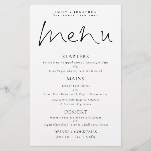 Budget Elegant Script Black White Wedding Menu (Voorkant)