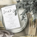 Budget Elegant Script Black White Wedding Menu<br><div class="desc">Budget Elegant Script Black White Wedding Menu. Een budget van 5, 5 x 8, 5 inch op een elegant LINEN-bestand van 110 lb - voor een luxe die zich voordelig voelt, is dit ideaal voor menu's, uitnodigingen en programma's, enz. Dit begrotingsgroottealternatief is ook beschikbaar in andere papieren keuzes. De SEMI-GLOSS...</div>