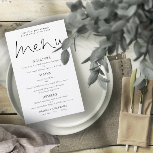 Budget Elegant Script Black White Wedding Menu