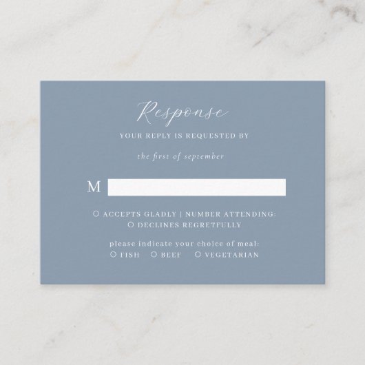 BUDGET Elegant Script Dusty Blue Wedding RSVP Informatiekaartje (Voorkant)