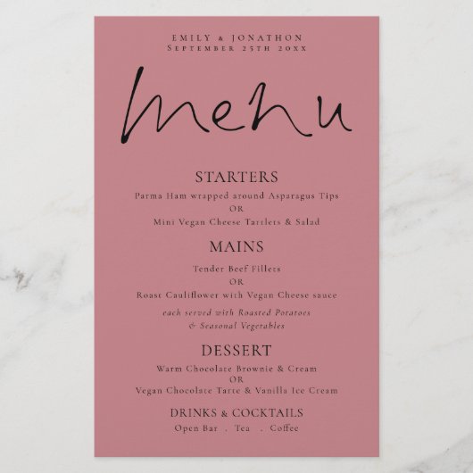 Budget Elegant Script Dusty Roos Wedding Menu (Voorkant)
