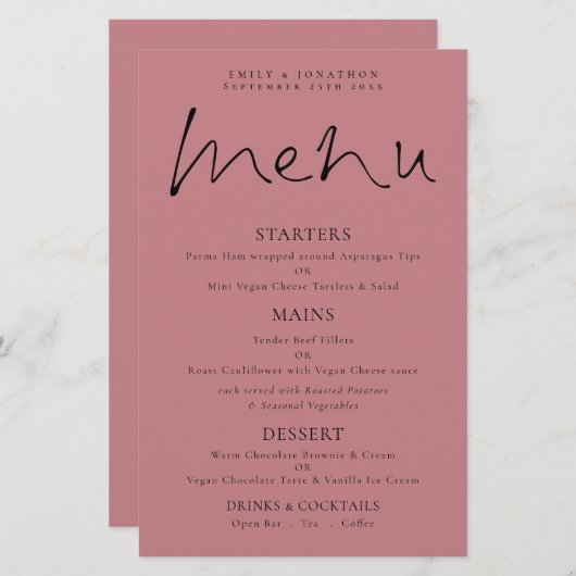 Budget Elegant Script Dusty Roos Wedding Menu (Voorkant / Achterkant)