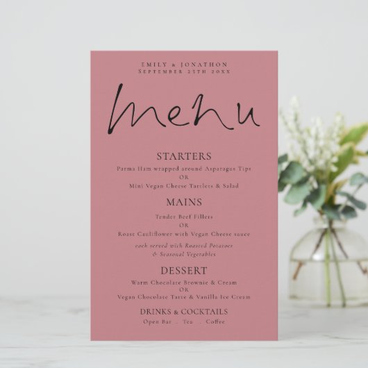 Budget Elegant Script Dusty Roos Wedding Menu (Staand voorkant)