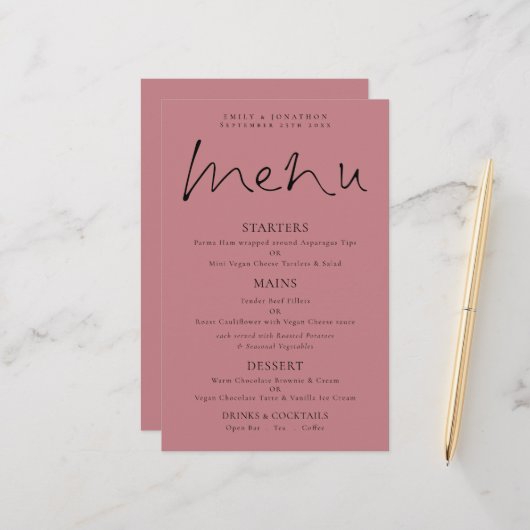 Budget Elegant Script Dusty Roos Wedding Menu (Voorkant / Achterkant in situ)