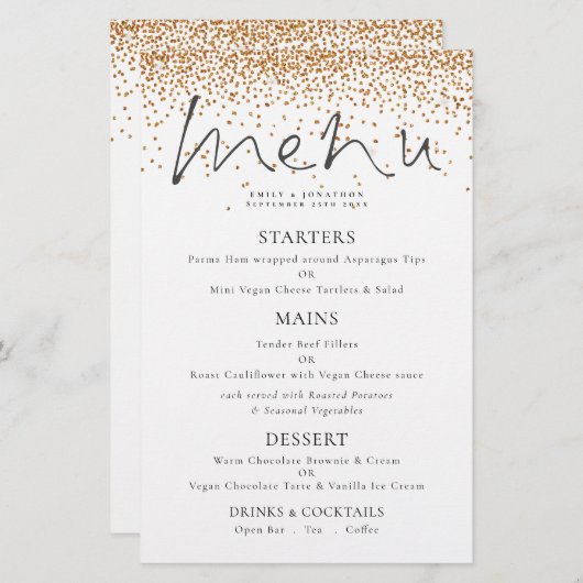 Budget Elegant Script Gold Glitter WeddenMenu (Voorkant / Achterkant)