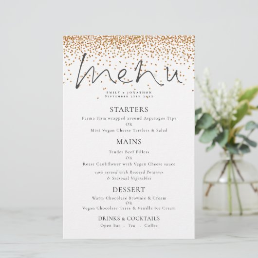 Budget Elegant Script Gold Glitter WeddenMenu (Staand voorkant)