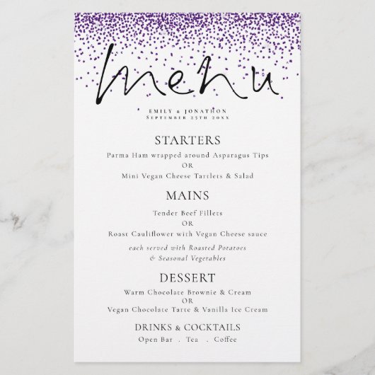 Budget Elegant Script Paars Glitter Wedding Menu (Voorkant)
