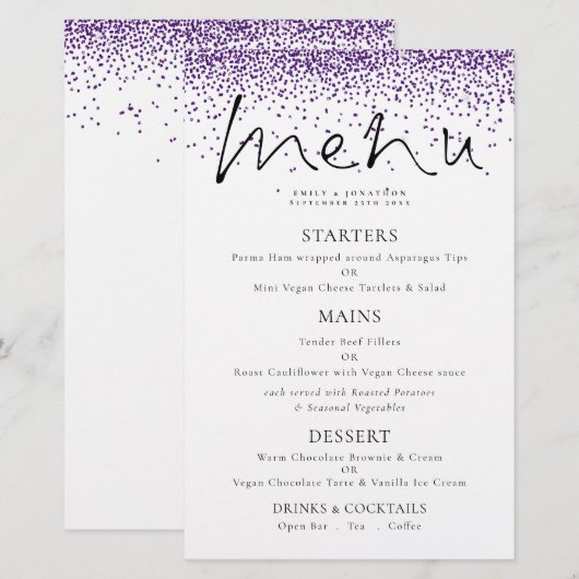 Budget Elegant Script Paars Glitter Wedding Menu (Voorkant / Achterkant)