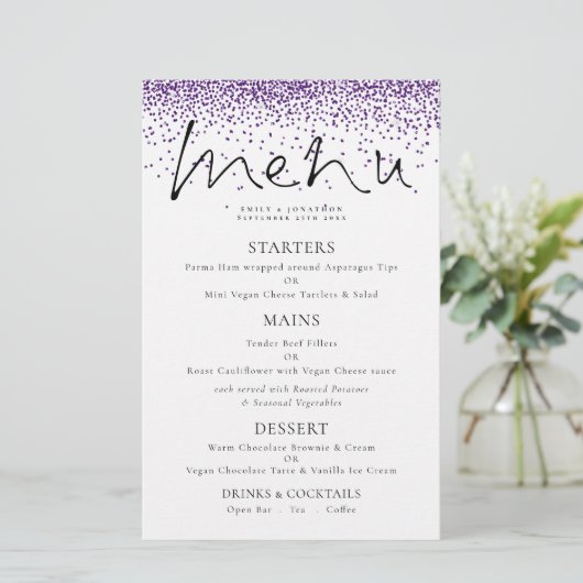 Budget Elegant Script Paars Glitter Wedding Menu (Staand voorkant)