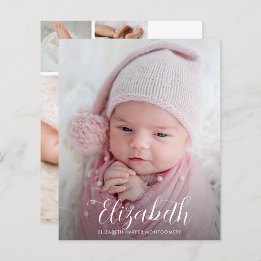 Budget Elegant Script Photo Birth Notice (Voorkant / Achterkant)
