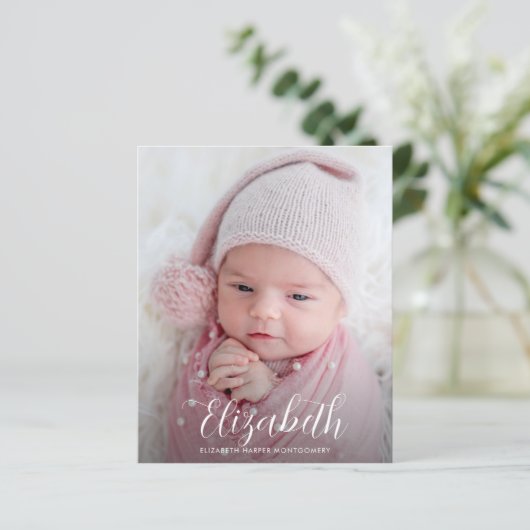 Budget Elegant Script Photo Birth Notice (Staand voorkant)