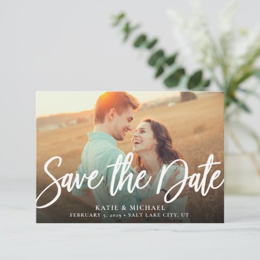 Budget Elegant Script Photo Save the Date Card Kaart (Staand voorkant)