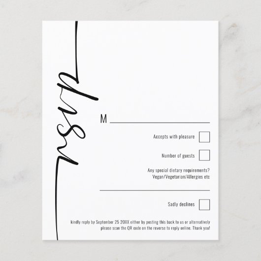 Budget Elegant Script QR Code Weddenschap RSVP (Voorkant)