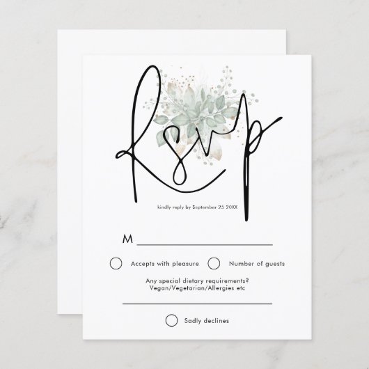 Budget Elegant Script Sage Gold Foliage RSVP (Voorkant / Achterkant)