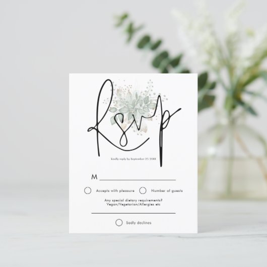Budget Elegant Script Sage Gold Foliage RSVP (Staand voorkant)